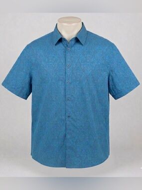Robert Graham Mens Short Sleeve Shirt 3XL XXXL Teal Blue Damask Jacquard Summer